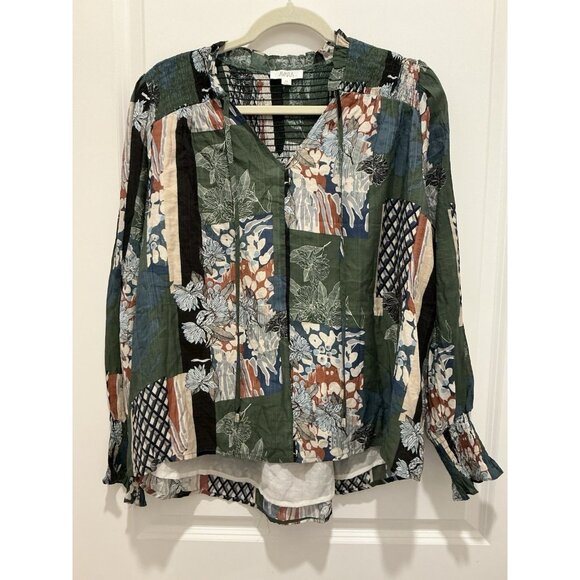 Avara Tops - Avara Blouse Medium VNeck Multi Colored Long Sleeve Shirring Back Sleeve